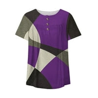 Ženske bluze ženski V-izrez u boji blok Patchwork štampano dugme kratki rukav majica Top Purple XXL