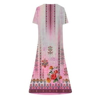 Ženske haljine kratki rukav A-line maxi casual tiskana Henley ljetna haljina vruća ružičasta m