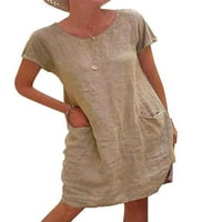 Ženska pamučna posteljina ljeta plus veličina čisti džepovi kratkih rukava casual a-line haljine
