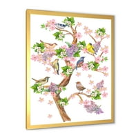 Drvo sa šarenim pticama koje sjede na cvjetnim granama koje uokviruju farbanje platno umjetničko otisak