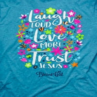 Blažena djevojka majica za žene Laugh Loud Love More Trust Jesus štampana, velika tirkizna vrijesak