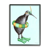 Stupell Industries Kiwi Bird Swimming Tube Flippers Summertime Illustration grafička Umjetnost Crna uokvirena