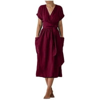 Haljine za žene žene Casual čvrsti V-izrez kratki rukav haljina džep Split Hem remen haljina ženske haljine