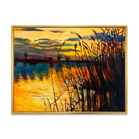Žuta večerja sjaj kroz visoku travu uz jezero uramljeno slikanje platnene umjetnosti
