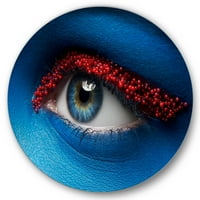 Designart 'Woman Eye with Blue Paint On Face & Red Balls' Modern Circle Metal Wall Art-disk of 23