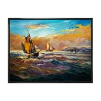 Designart 'Boats During Evening Sunset In the Ocean II' Nautical & Coastal Framed Canvas Wall Art Print