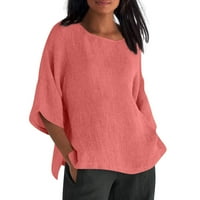 tobchonp Ženski modni skraćeni rukavi okrugli vrat pamučna labava košulja bluza Pink XXXL